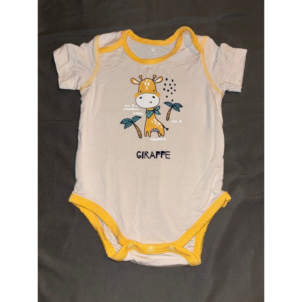 Angel Dear Giraffe Graphic Baby Bodysuit Yellow Trim Short Sleeve 0-3M